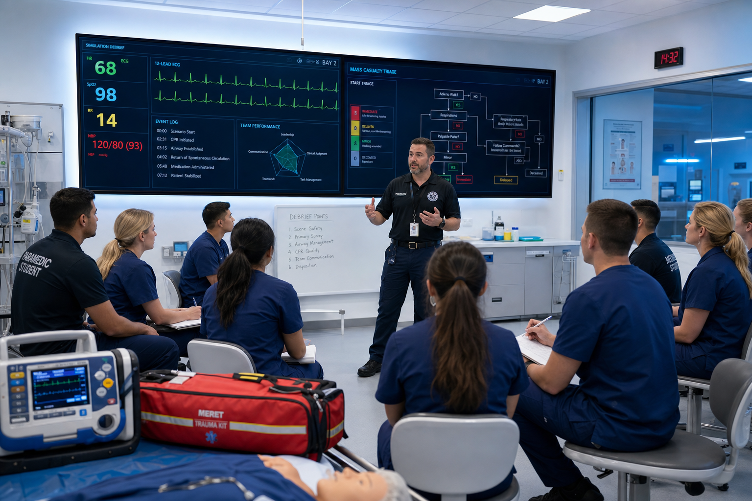 Instructor debriefing students in a clinical simulation lab