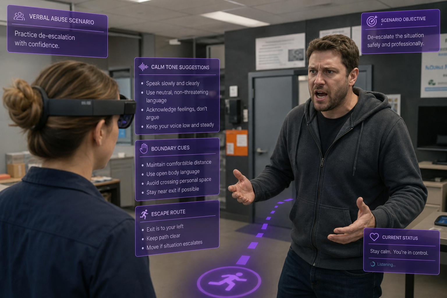 Trainee using AR headset during a verbal abuse de-escalation scenario